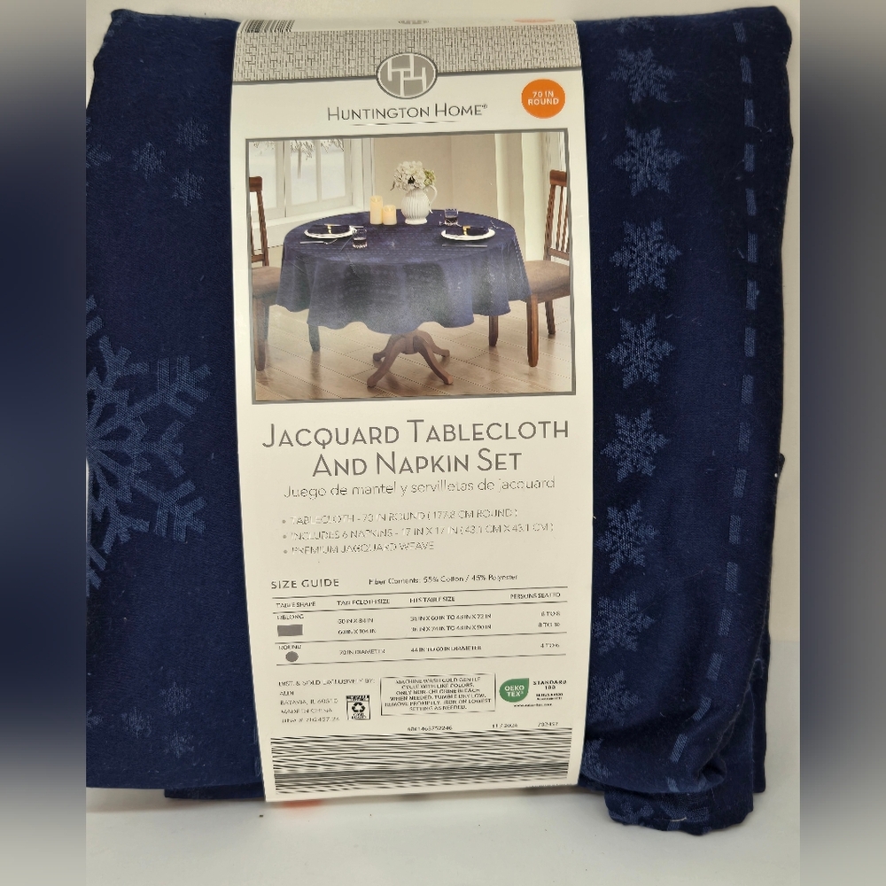 NEW Huntington Home Dark Blue Jacquard Tablecloth Napkin Set Snowflake Print 70"